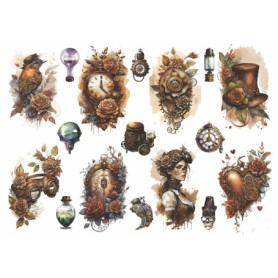 Papier de riz Steampunk, 29,21 x 40,64 cm – 17 images Steampunk uniques imprimées sur du papier de mûrier 36 g/m², fibres visibl