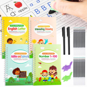 Lot de 4 livres d'entraînement à l'écriture manuscrite réutilisables pour enfants, apprendre à écrire des livres pour dessin, ma