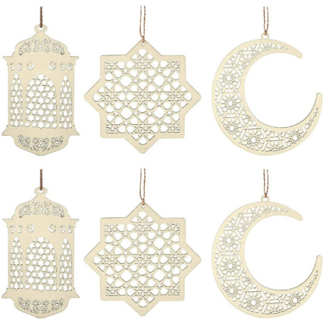 ANCLLO 2 ensembles 6 pièces pendentif en bois ornement Ramadan Kareem décoration lune étoile vent lumière forme pendentif orneme