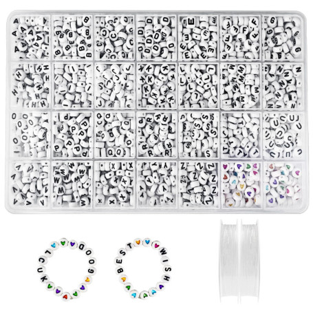 Newpop 1400Pcs Perles Lettres Alphabet et Colorée 7 X 4 mm, A-Z Blanc Coeur Beads avec 2 Fil Elastique, pour Fabrication de Bijo