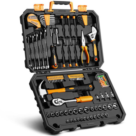 DEKO Caisse a Outil 128 Pièces, Malette Boite Coffret a Outils Complete Bricolage Avec Jeu Complet de Clés, Tournevis et Manchon