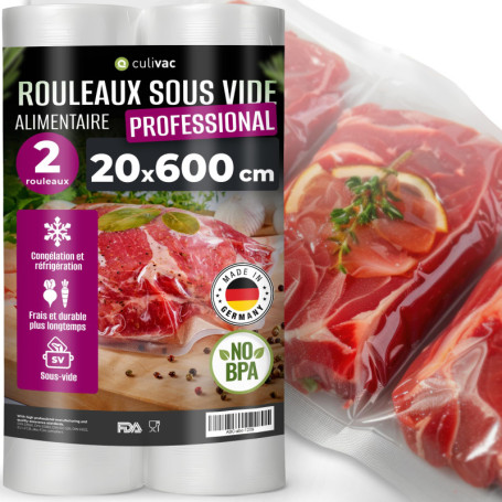 culivac 2 Rouleaux Sous Vide Alimentaire 20x600cm "Professional" pour Appareil de Mise Sous Vide de toutes les marques sous vide