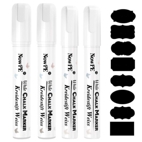 NowPE Feutre Craie Blanc, 2 Pièce Marqueurs Craie 6mm + 2 Pièce Stylo Craie Liquide 10mm + 16 Etiquettes de Tableau, Effacable a