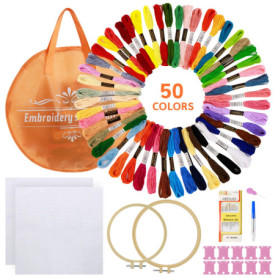 Kit de Démarrage Broderie, 3 Pièces Broder Kits Debutant pour Adultes, Embroidery Starter Kit, 50 Couleurs de Fils à Broder, Cer