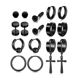 8 Paires Acier Inoxydable Boucle d’Oreille Anneau Homme Femme Ronde Clou d’Oreille Piercing Croix Pendentif Rétro (Black)