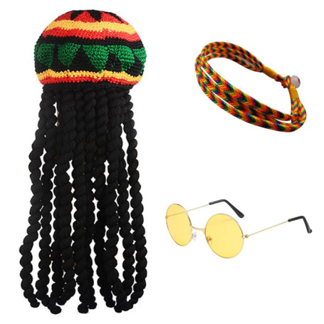 LSYYSL 1 long chapeau tressé, 1 paire de lunettes et 1 bracelet tressé, bonnet de perruque tressé noir, accessoires de déguiseme