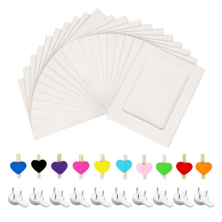 2 Ensembles De 20 Cadres Photo En Papier, 10 Clips En Bois D'Amour, 10 Clous Sans Trace, Cadre De Décoration Photo, Cadre Photo 