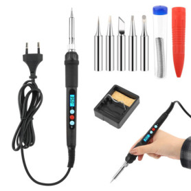 VFANDV Fer à Souder, 60W Kit de Soudure Température Réglable 200~500℃ avec l'Interrupteur ON/OFF, 5 Pointes Fer à Souder et Fil 