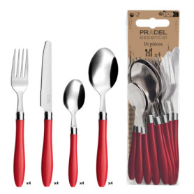 PRADEL ESSENTIEL - Ménagère 16 couverts de table pour 4 personnes - Réglisse - Acier inoxydable 18/0, Finition Standard - Rouge