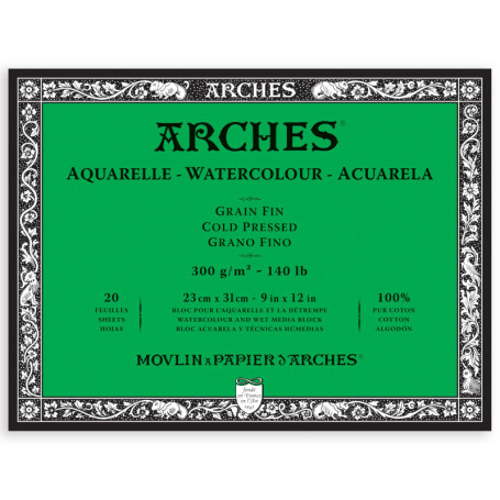 ARCHES Aquarelle - Bloc 20 feuilles 23x31 collé 4 côtés - 300g/m² - grain fin, blanc naturel, 4 bords francs