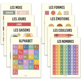 BAMMI 8 Posters Pédagogiques 30x42cm : Affiches Éducatives pour Enfants - Nombres Alphabet Couleurs Jours Mois Saisons Émotions 
