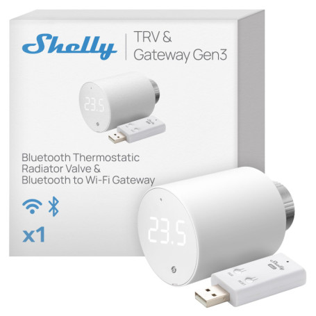 Shelly Blu TRV & Shelly Blu Gateway Gen3 - Tête thermostatique connectée Bluetooth avec Passerelle Wi-FI (USB-A), Commande à Dis