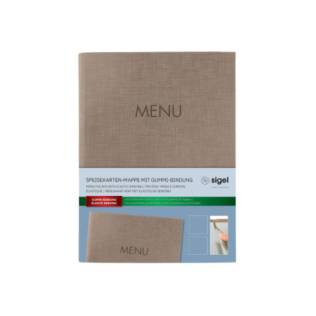 SIGEL SM211 Protège-menu à cordon élastique avec 2 pochette transparent pour 8 feuilles DIN A5, gaufrage Menu, beige foncé, 1 pi