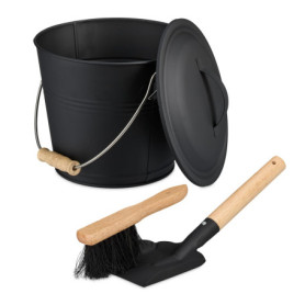 Relaxdays Seau à Cendres, avec Couvercle, 4,5 litres, Pelle et balayette, Nettoyage pour la cheminée, Noir