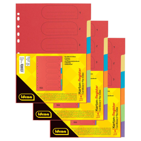 Idena 90266 - Intercalaire en carton pour documents DIN A4, 22,5 x 30 cm, 18 intercalaires pleine couleur en 6 couleurs, 150g/m²