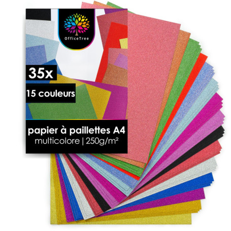 OfficeTree 35x Papier Pailleté A4 250g/m² - 15 Couleurs - Feuille Pailletée de Bricolage et Scrapbooking - Non Autocollant - Pap