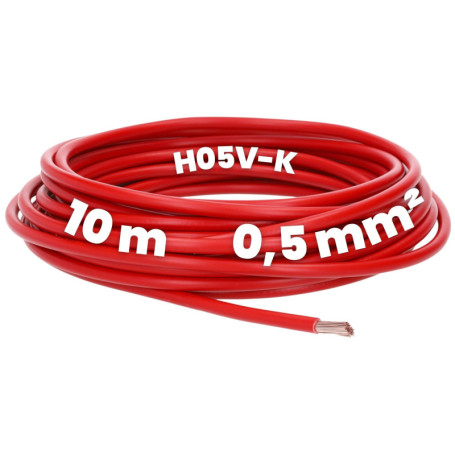 Kalitec Câble de câblage H05V-K 0,5 mm² rouge - 10 m - 0,5 mm² - Câble de câblage - Flexible - En PVC - Fil de commutation