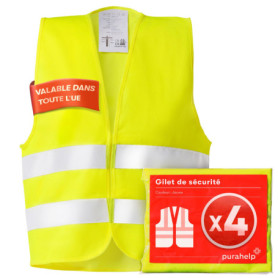 PURAHELP Gilet Jaune Voiture Set de 4 pièces valable dans Toute l'europe Selon en ISO 20471 - Gilet de sécurité reflechissant - 