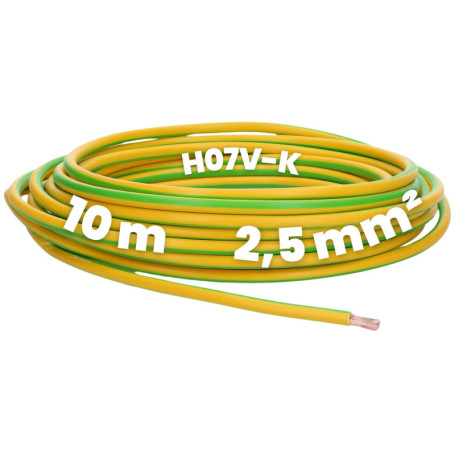 Kalitec Câble H07V-K 2,5 mm² - 10 m - Vert/Jaune - Flexible - PVC - Toron Simple - Câblage à Fil Fin - Monofil