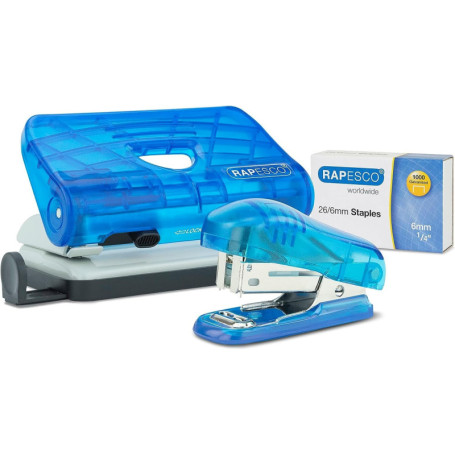 Rapesco 1719 Set Bug Agrafeuse et 810-P Perforatrice 2 Trous avec 1000 Agrafes 26/6 mm, Bleu Transparent
