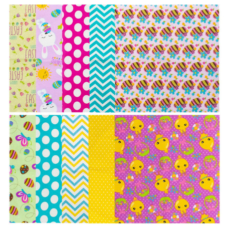 TRIXES Lot de 10 carrés de tissu de Pâques - Motifs de Pâques de poussins, œufs, fleurs, lapins - Tissu artisanal pour couture, 