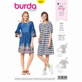 Burda Patron 6401 Robe, Blanc, Tailles EUR : de 34 à 44 (36 à 46 FR)
