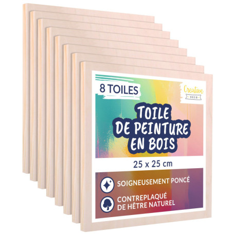 Creative Deco 8 x Toile à Peindre en Bois | 25 x 25 cm | Pour Gouache, Aquarelle, Peinture Acrylique | Tableau | Planche Brut | 