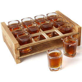 BELLE VOUS 12 Verres à Shot avec Plateau de Service en Bois Brûlé - 60 ml - Verre Shooter Transparent Base Solide - Porte Verre 