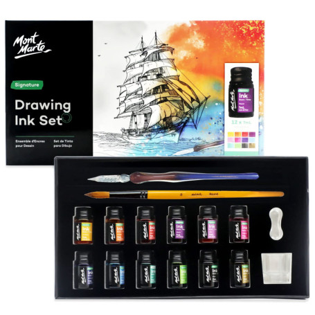 Mont Marte Calligraphie Set 16 pièces – Porte-Plume avec Plume et Encre – Contient 12 x 7ml d'Encre, Plume en Verre, Pinceau, Re