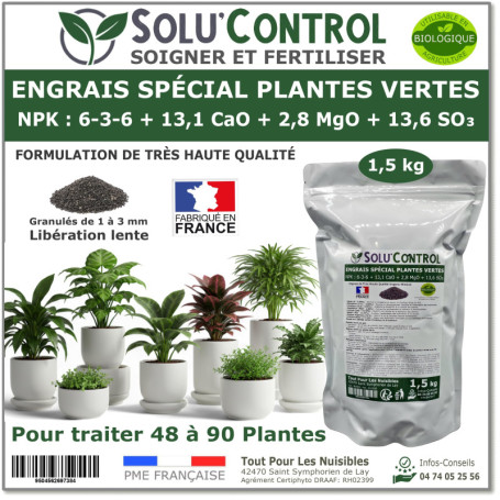1,5 kg d' Engrais Spécial Plantes Vertes 6-3-6 - Croissance, Feuillage Dense & Vitalité - Formulation Organo-Minerale - Libérati