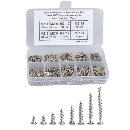 Fafeicy 800pcs M2 Vis Autotaraudeuses à Tête Plate Assortiment Kit, M2 x 4/5/6/8/10/12/16/20mm, M2 Vis à tête cylindrique avec B
