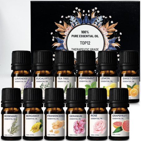 Huiles Essentielles - Kit d'huiles 100% pures - Ensemble-cadeau des 12 meilleures huiles d'aromathérapie - Pack de 12, 10ML (Euc