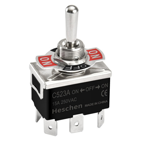 Heschen Interrupteur à bascule en métal C523A DPDT maintenu ON/OFF/ON 3 positions 15 A 250 VAC 6 onglets terminal CE