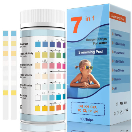 7 en 1 Testeur pour Eau de Piscine et Spa, 100 test pour tester chlore libre, le chlore total, le brome, la dureté totale, l’alc