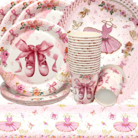 Doyomtoy Vaisselle de Fête Ballerine Anniversaire Fille Vaisselle Papier Set Assiettes en Papier Serviettes Tasses pour Fête à T