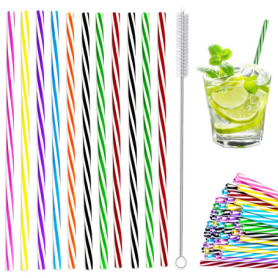 Paille Reutilisable - 60 Pailles Réutilisables en Plastique et 1 Brosse de Nettoyage - Paille Plastique pour Gourde et Enfants -