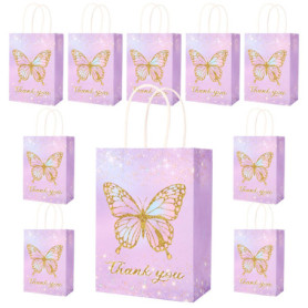 NPZ-Butterfly-10P Lot de 10 sacs cadeaux en papier colorés avec anse pour anniversaire d'enfant, filles, sacs cadeaux d'invités 