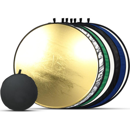 Set 7-en-1 reflecteur Pliable 43" / 110 cm avec Sac de Transport - Or, Argent, Noir, Blanc, Bleu, Vert, translucide - reflecteur