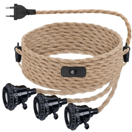 Kit de Suspension en Corde de Chanvre - Douille Avec Prise et Interrupteur - Câble Vintage E27 - 3 Ampoules Incluses - Suspensio