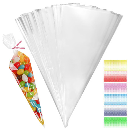 Lot de 100 sachets en plastique transparent de 13 x 25 cm, Transparent OPP Pochette Emballage Bonbon avec liens torsadés pour em