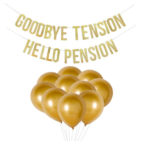 1 drapeau de train de retraite, 10 ballons dorés, bannière « GOODBYE TENSION HELLO PENSION », bannière pailletée, décoration de 
