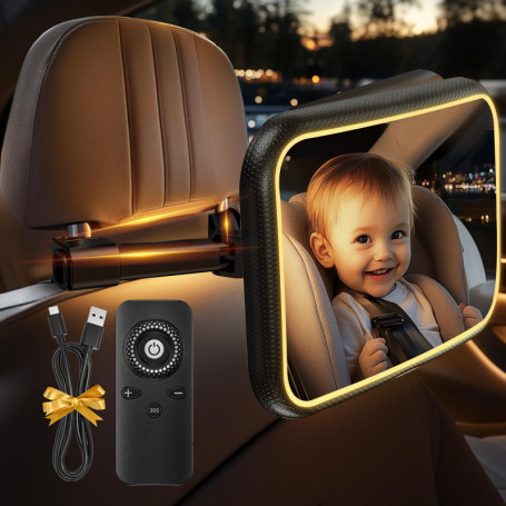Retroviseur Voiture Bebe Miroir Voiture Bébé avec Veilleuse LED et Télécommande, 360° Rotation Réglables Rétroviseur Voiture Béb
