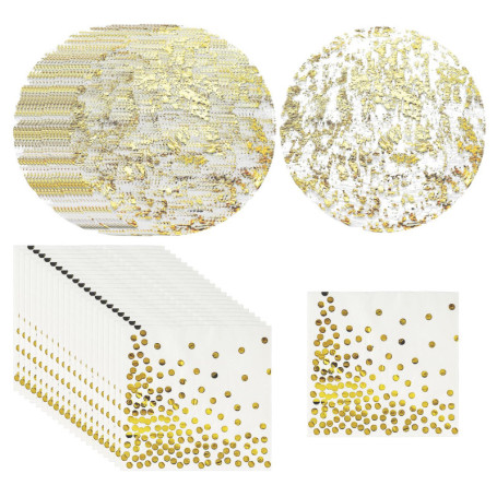 Lot de 16 sets de table dorés, 20 serviettes en papier aluminium, sets de table ronds dorés brillants, accessoires de fête