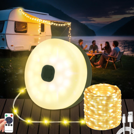 Guirlande Lumineuse De Camping,10M Guirlande Lumineuse Camping Escamotable,9 Modes D'éclairage,2500mAh USB Rechargeables,Guirlan