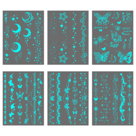 6 Autocollants De Tatouage Phosphorescents, Autocollants De Tatouage Temporaires Étoile De Lune, Autocollants De Tatouage De Fle
