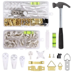 Crochets de Suspension Kit, 107 pcs Image Cintre avec Crochet de Tableau Non-Trace, Dent de Scie, Anneaux en D et 78 pcs Vis pou