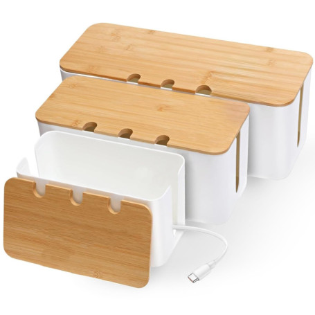 YADOBIG 3 Pièces Boite Rangement Cable, Boite Cache Cable avec Couvercle en Bois Perforé, Cache Multiprise Electrique pour Dissi
