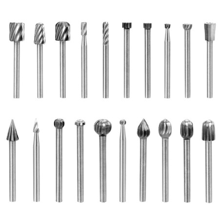 QWORK® Jeu de 20 Fraises Rotatives en Carbure HSS, Tige 1/8'' (3mm), Compatible avec Dremel, Outil Rotatif pour Bois, Métaux, Sc