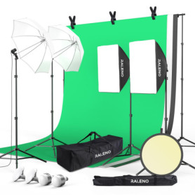 RALENO Kit Photo Studio Set, 2.6 M x 3 M Système de Support de Toile de Fond x 3 Couleurs, Softbox et Parapluie avec LED Ampoule