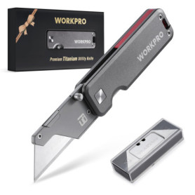 WORKPRO Cutter Utilitaire en Titane, Corps Monobloc CNC, Cutter Professionnel Pliable Léger avec Manche en Aluminium et 10 Lames